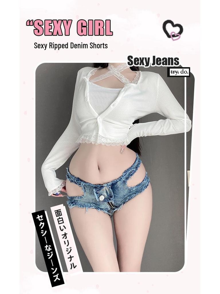 Women's Low Waist Crotchless Ripped Jeans Hot Pants Nightclub Lingerie, Polyester 8026