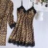 Europäisch-Amerikanisches Schwarzes Leopardenmuster Pyjama-Set mit Spitzenbesatz