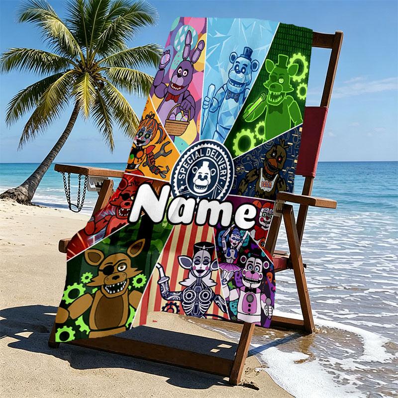 Personalisierter Strandtuch mit individuellem Namen für Five Nights at Freddy's, für Reise Camping Strandparty Heimdekoration, Geburtstagsgeschenk für Familie & Freunde