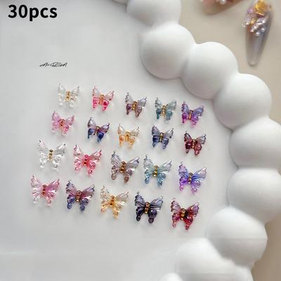 30Pcs 3D Butterfly Nail Charms Colorful Resin Flat Back Bowknot Decorations for Press-On Nails DIY Manicure Art Design
