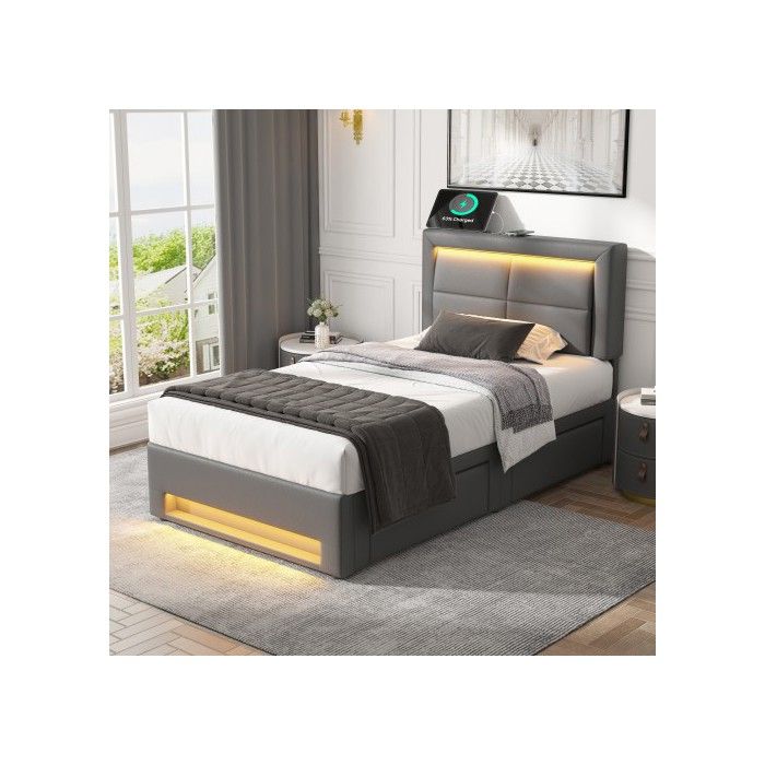 Gepolstertes Bett - MUVOE - 90x200 cm - mit USB-Anschluss - LED-Beleuchtung - 4 graue Schubladen