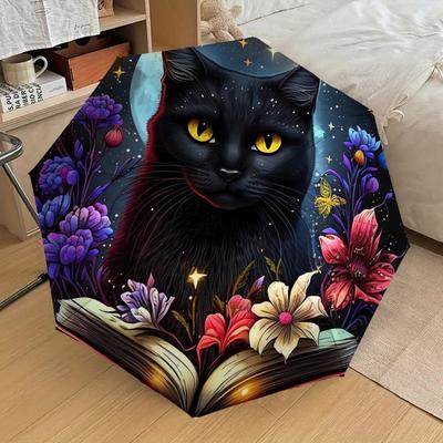 1PC Black Cat Pattern Small Travel Compact Windproof Umbrella, Automatic Folding Umbrella, Automatic Open/Close ,Gift-121