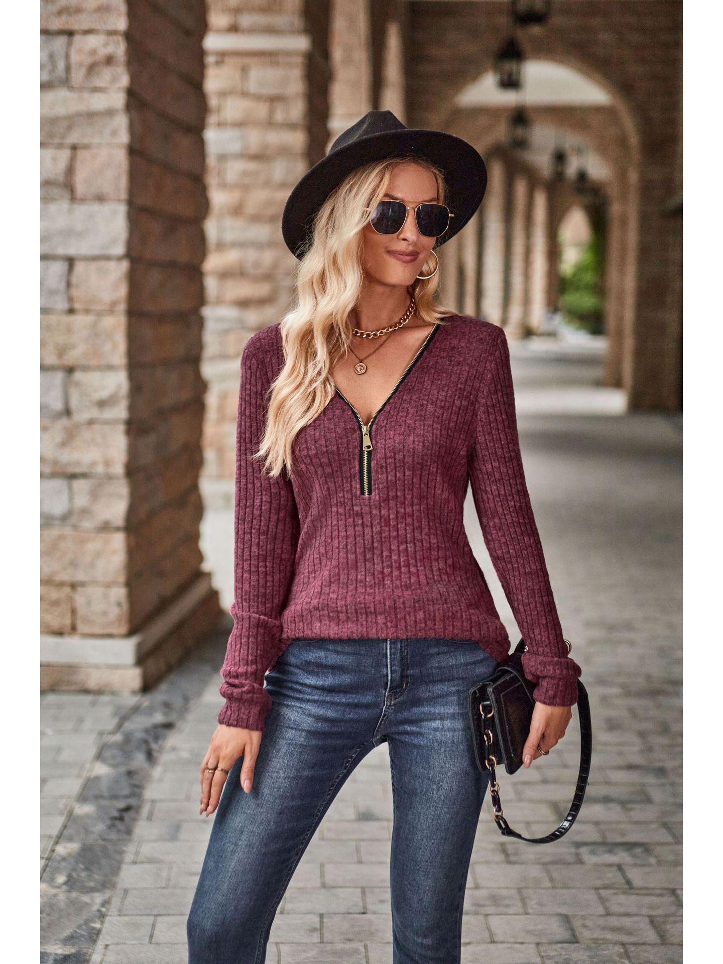 

Осень 2024 г. Однотонная повседневная рубашка с V-образным вырезом, застежкой-молнией, длинными рукавами и вшитыми полосками XXL кларет