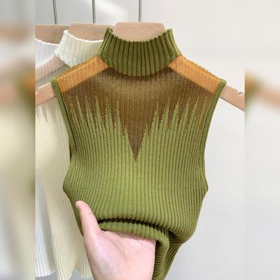 Top da donna lavorato a maglia elastico patchwork in rete collo semi-alto tinta unita senza maniche morbido pullover caldo taglia unica signora estate canotta