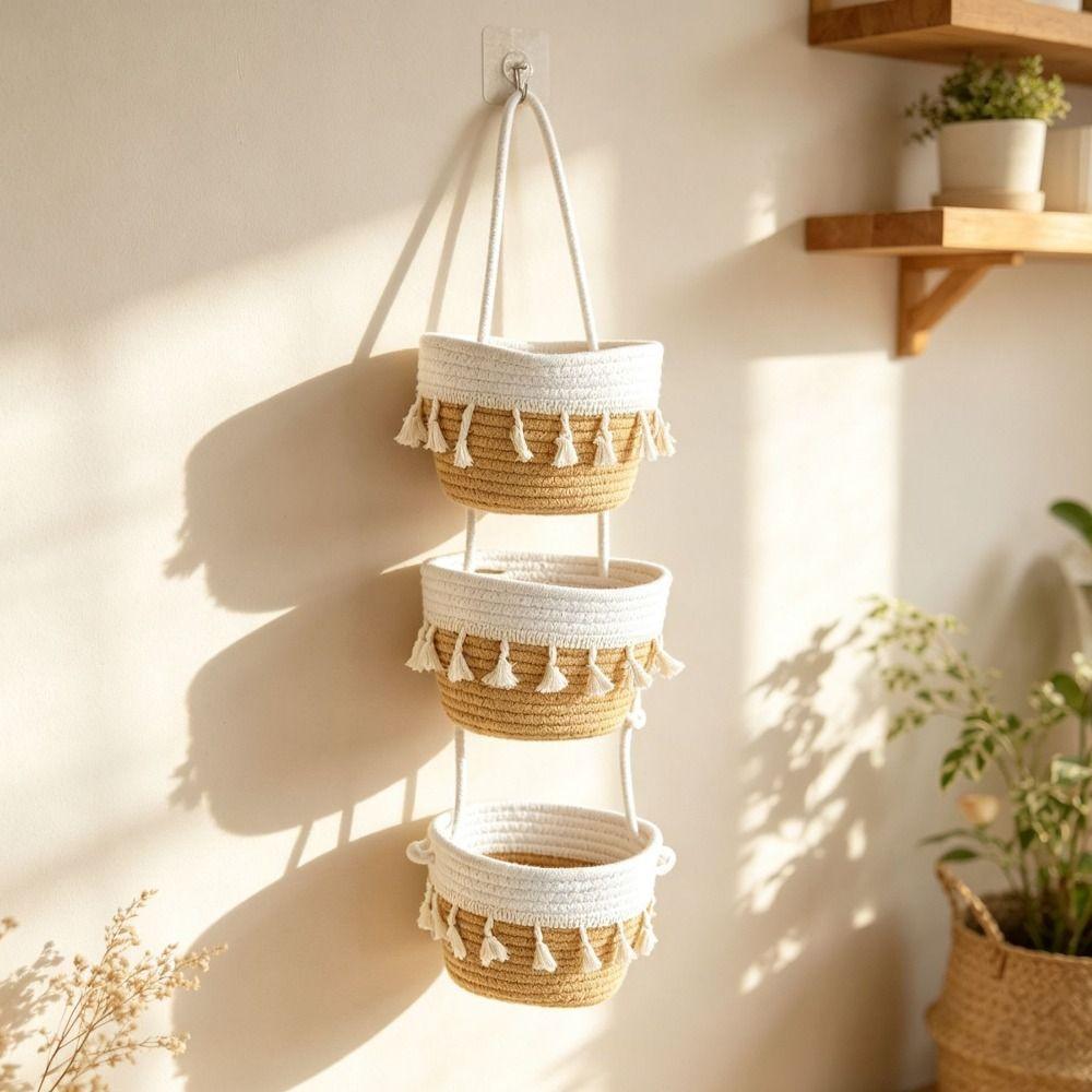 Cotton Rope Wall Hanging Basket Tiered Structure Woven Hanging Organizer Key Organization