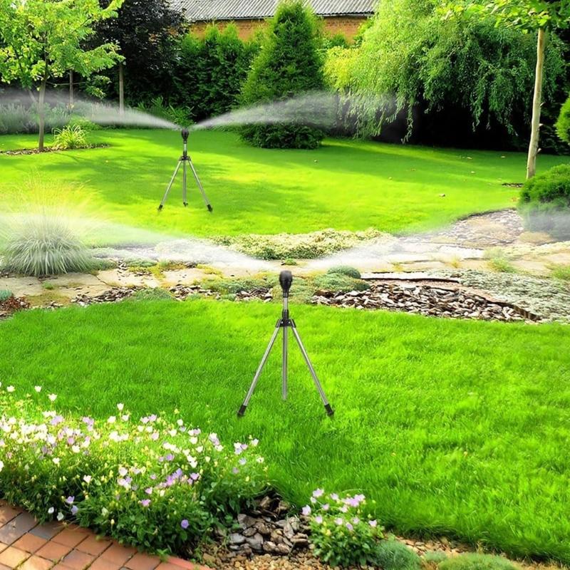 Expandable Garden Stainless Tripod Sprinkler With Interchangeable Nozzles 3/4in Fast Release Connector Easy Ground Mount