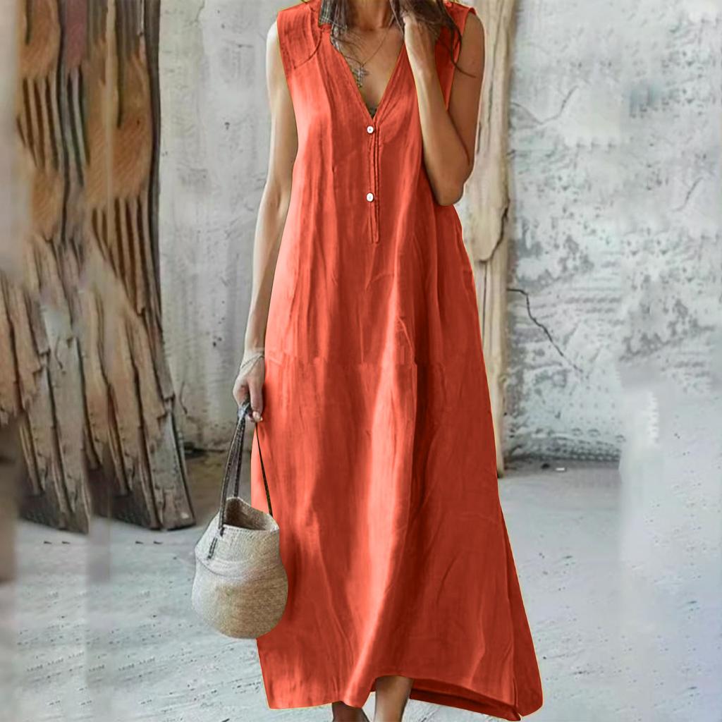 Women's Fashion V-Neck Sleeveless -Colour Casual Resort- Maxi Dress In Cotton-Linen Blend