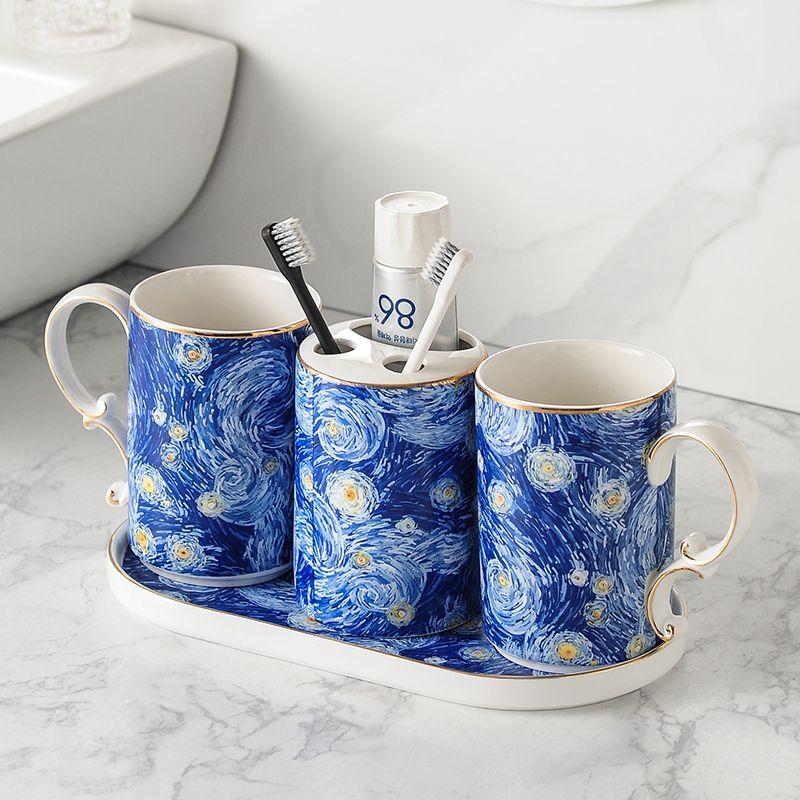 European Ceramic Blue Bathroom Five-piece Set Gold Border Gargle Cup Shampoo Bottle Soap Dish Wedding Gift Bathroom Accessories