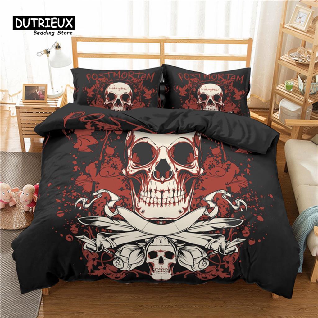 Red Rose Skull Floral Bedding Set Skeleton Flowers Green Leaves Print Duvet Cover Horror Theme Comforter Cover With Pillowcases