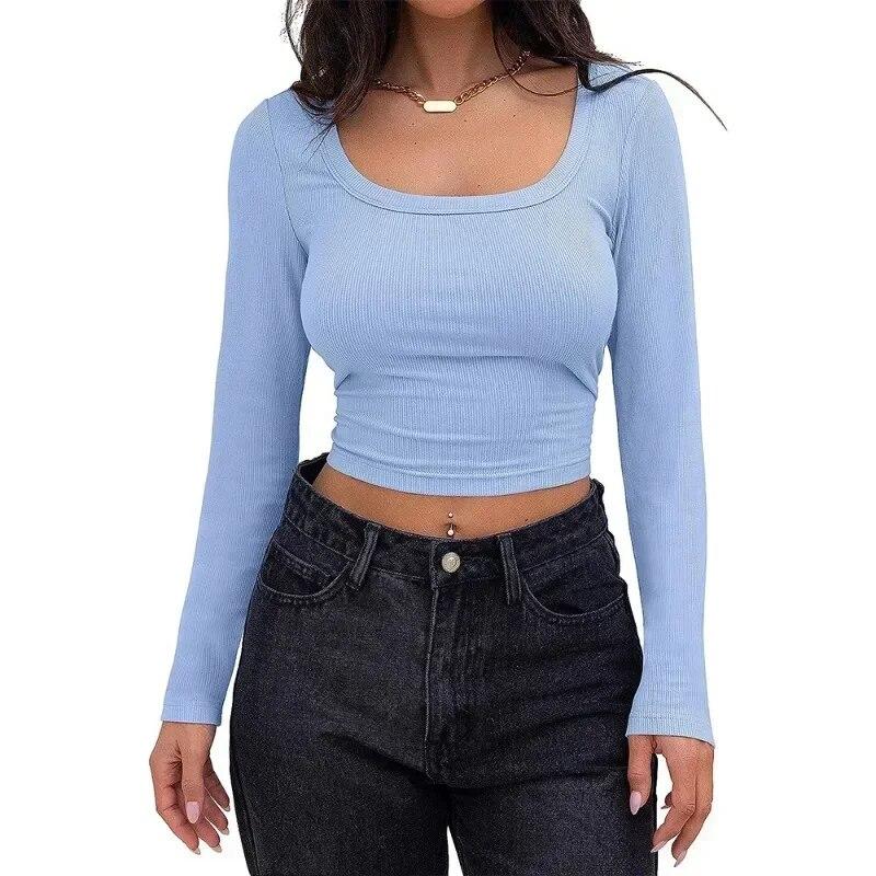 Podzimní Krátké tričko Slim Fit Žena Jednobarevné Dlouhý rukáv Sexy Dámské tričko se čtvercovým výstřihem Módní Dámské Ležérní Pletené trička Topy 30288