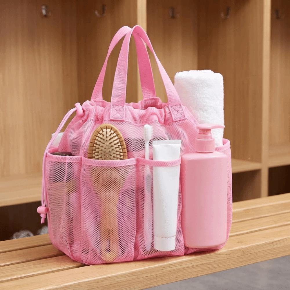Bathroom Organizer Mesh Shower Bag Multi Pocket Drawstring Bag Foldable Storage Bag Beach