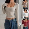 Y2k Slim Fit Solid Color Long Sleeve Square Neck Knit T Shirt For Women