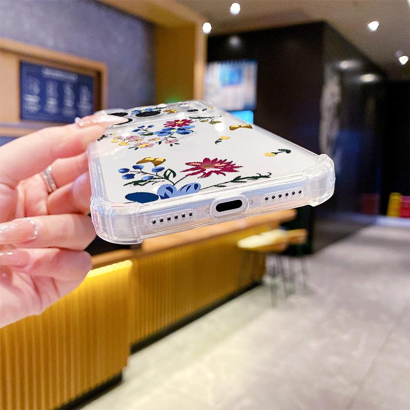 Retro Color Flower Apple 17promax Mobile Phone Case All-inclusive Four Corners Anti-drop Transparent Case iPhone15 Soft Case