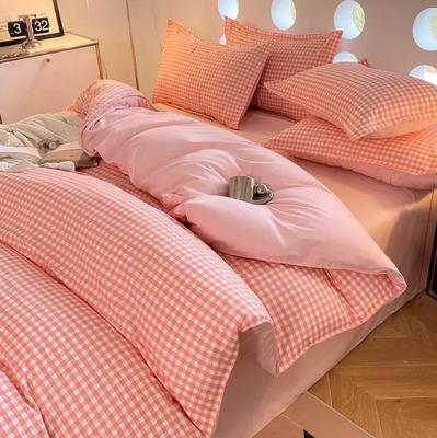 Pink Plaid Striped Bedding Set Kids Single Queen King Size Duvet Cover + Flat Sheet +2pc Pillowcase Bed Linen Home Textile B93F