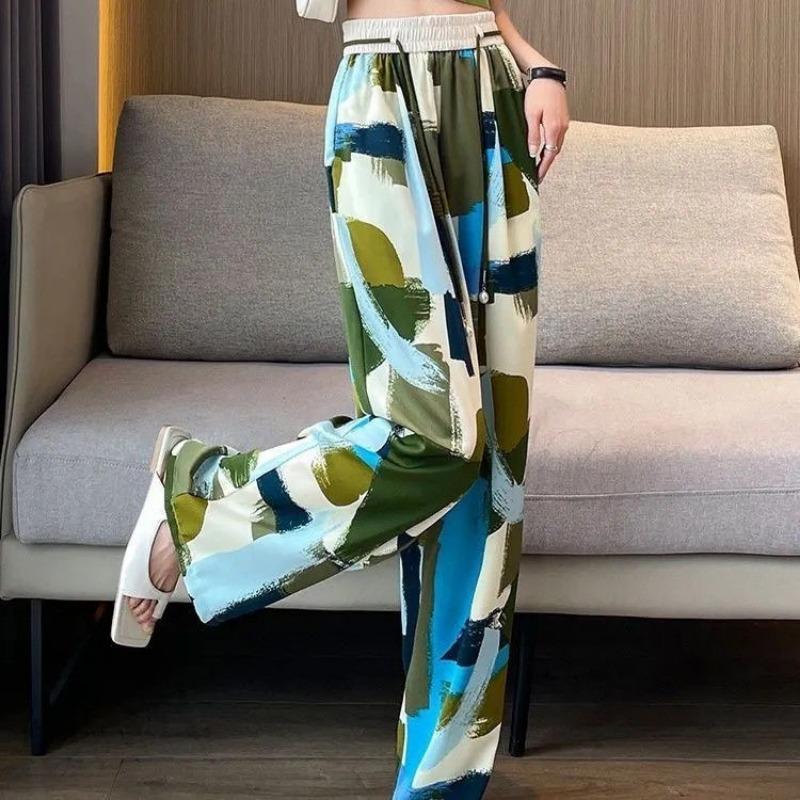 Wide-leg Pants for Women In Spring and Summer Thin New Chinese Style Chinese Style Ink Printing Ice Silk Casual Pants