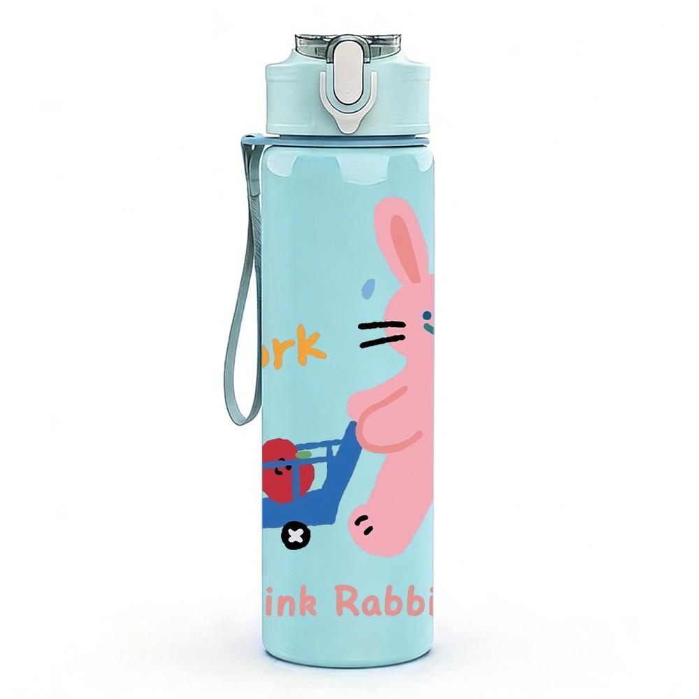 1PC Pink Rabbit Print 750ml Color Plastic Sports Water Bottle Leakproof Flip Straw Lid Suitable for Sports Office Home Use