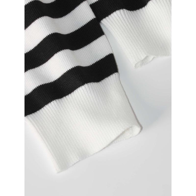 Women's Autumn and Winter Black and White Striped Knitted Cardigan Loose Sweater