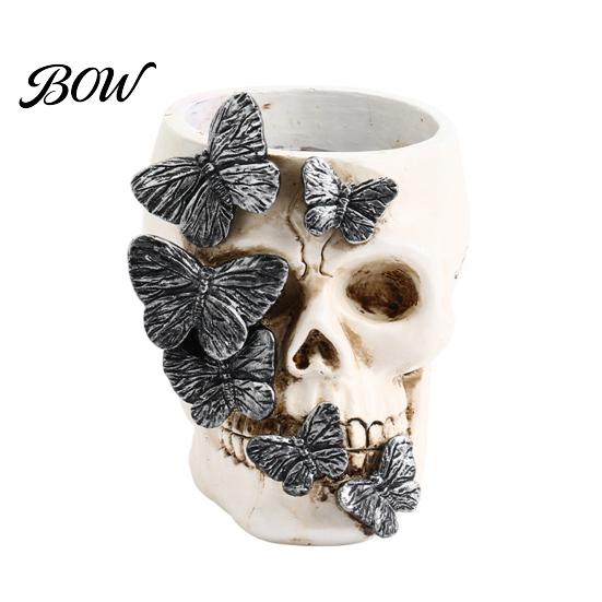 Durable Resin Pen Gothic Butterfly Skull Holder, Spooky Makeup Brush Creative Ornament Multifunctional Halloween Tea Light Candle Holder for белый