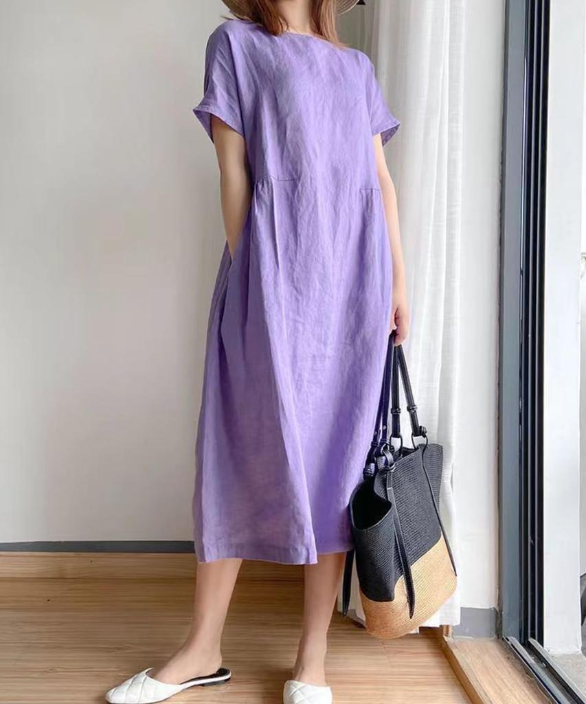 Solid Body L Summer Summer Not Everyday Private Room Short Relaxed Purple [Luxe Relax] Loose, Linen-like Dress, Color, Simple, Covering, Mid-length