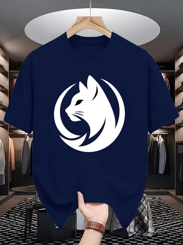 Trendy Unisexs Summer Tee Circular Cat Head Print Soft Cotton Crew Neck Short Sleeve Casual Loose Street Daily Wear Top Male