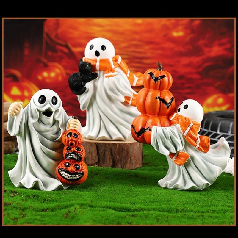 Halloween Ghostly Holding Black Cats Pumpkin Figurine Resins Miniature Sculpture Festives Living Room Table Shelf Decors