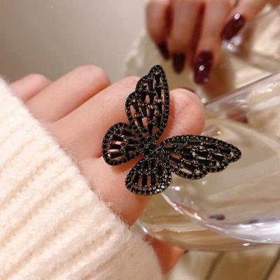 Women Ring Hollow Out Butterfly Shape Rhinestone Alloy Adjustable Opening Ring Banquet Party Wedding Jewelry