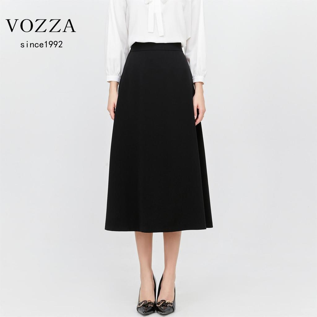 VOZZA Flared Skirt with Elastic Circular Midi Solid Sizes Black Women's Midi-Length Waist, A-Line, Below-the-Knee, High-Waisted, Skirt, Length, Lined,