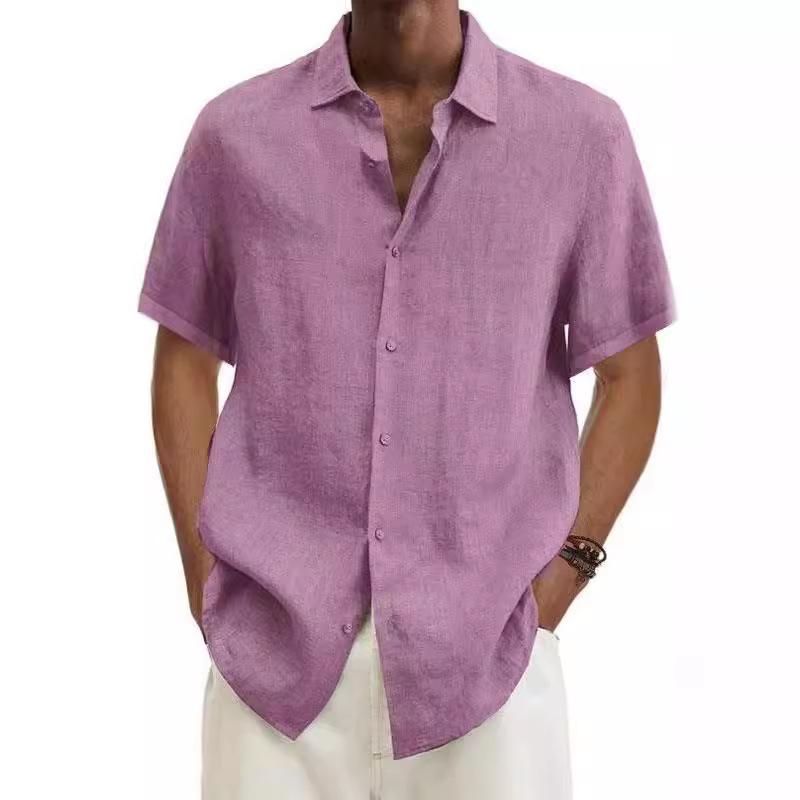 Summer V-neck Button Cotton and Linen Solid Color Men's Shirt Shirt Men Cotton Linen Shirt Men Pocket Casual Beach Short Sleeve Solid Color