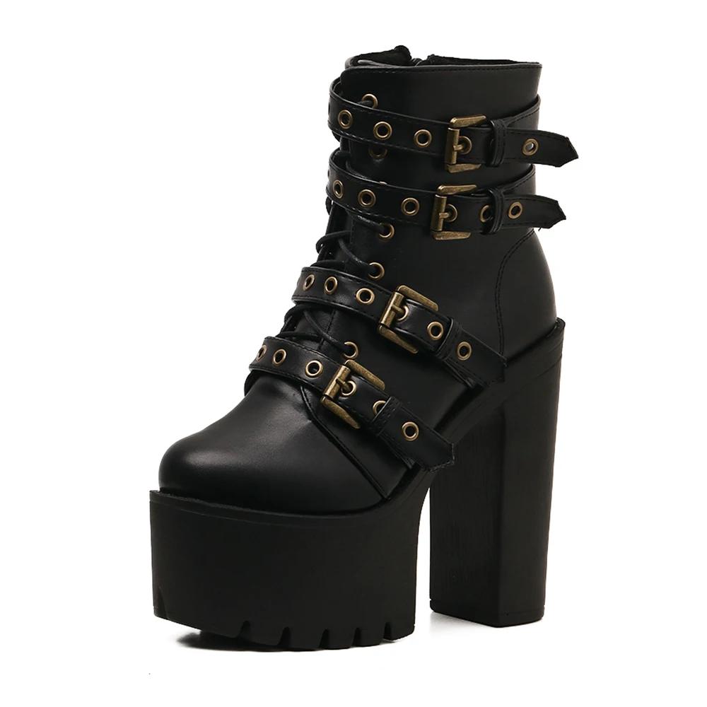 Women's Goth Platform Boots Sexy Round Toe Block Heeled Shoes Buckle Strap Ankle Boots For Women Punk Style