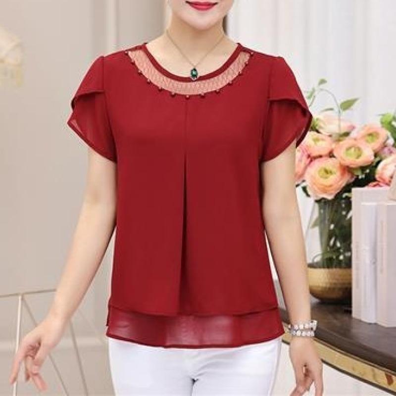 Damen T-Shirt Sommer Kurzarm Groß Chiffon Mode Rundhals Gaze Aushöhlen Patchwork Bluse Locker Mode Elegant Tops
