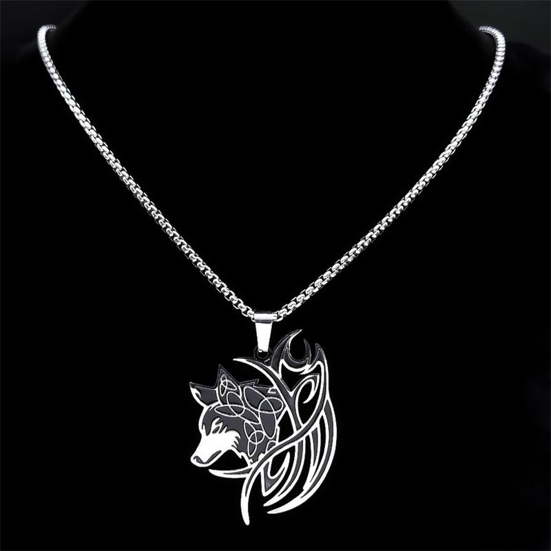 Viking Wolf Knot Necklace Stainless Steel Valknut Odin Norse Symbol Jewelry for Men Women N7802S01