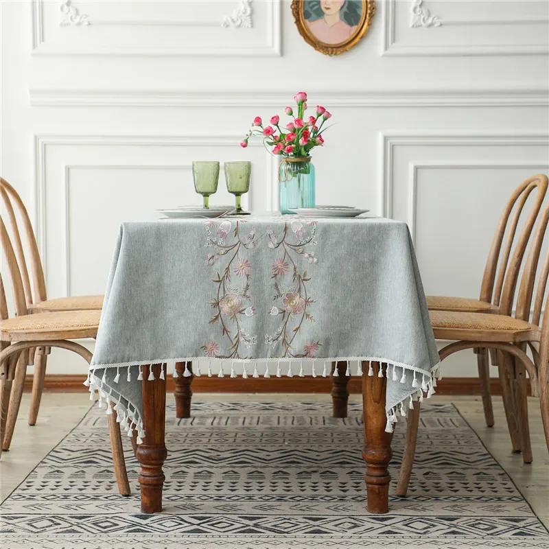 Floral Embroidery Tassel Tablecloth, Cotton Linen, Dust Proof Table Cover, Kitchen, Dining Room,Home Party, Tabletop Decor