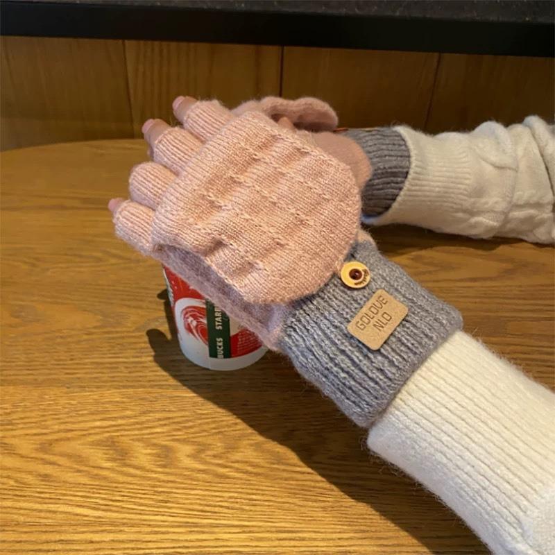 Warm gloves women's autumn and winter camel wool knitted outdoor antifreeze velvet thickened cute