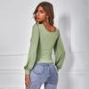 2024 Women's Avocado Green Puff Sleeve Square Neck Knitted Slim Fit Top