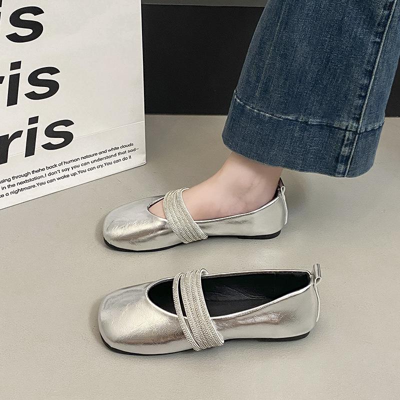 

Fashion French flat-bottomed design single shoes 2025 new summer fairy style retro rhinestone Mary Jane ladyshoes 35 серебряный