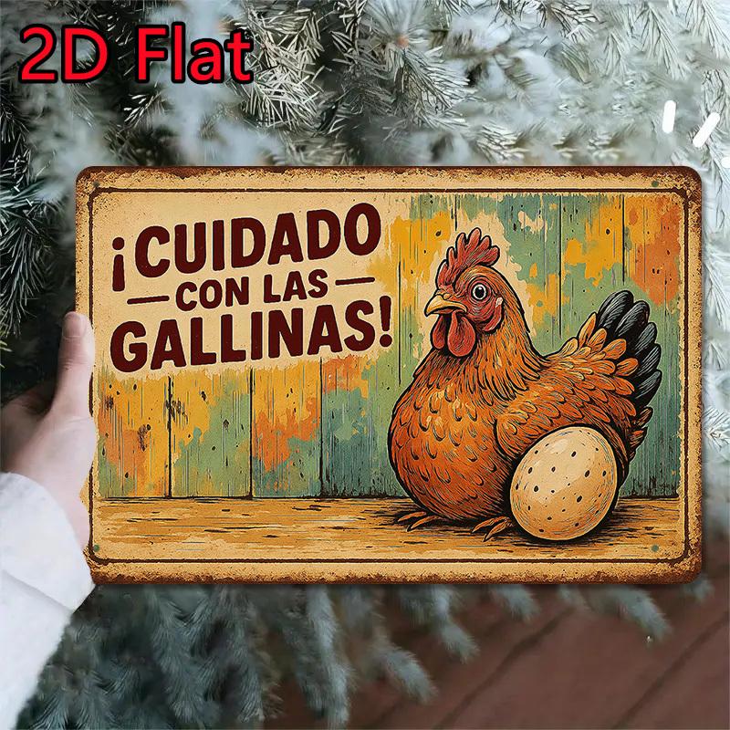 Funny Spanish Farm Chicken Warning Sign Retro Rectangular Iron Plaque Rustic Wall Art for Farmhouse Garden Gate