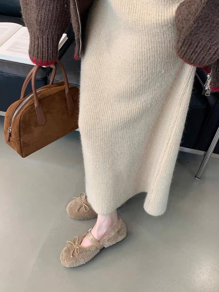 2025 autumn and winter new bow flat Mary Jane lamb wool single shoes women's ballet shoes wool shoes women's shoes