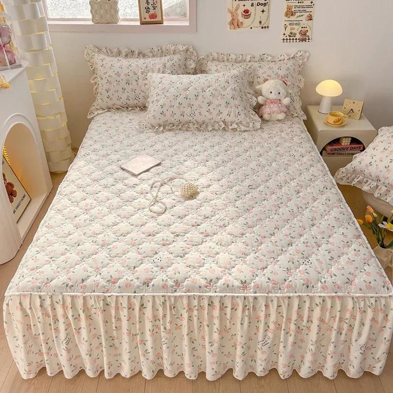 1pc Quilted Bed Skirt Four Corners With Elastic Flower Printed Thickened Mattress Bed Skirt Single/Queen/King Bed Sheet Skirt