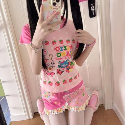 Süßes Crop Top Grunge Cartoon Print Harajuku Kontrastfarbe T-Shirt Damen Y2k Ästhetisches schlankes Rüschen T-Shirt Vintage Fee Japanisch