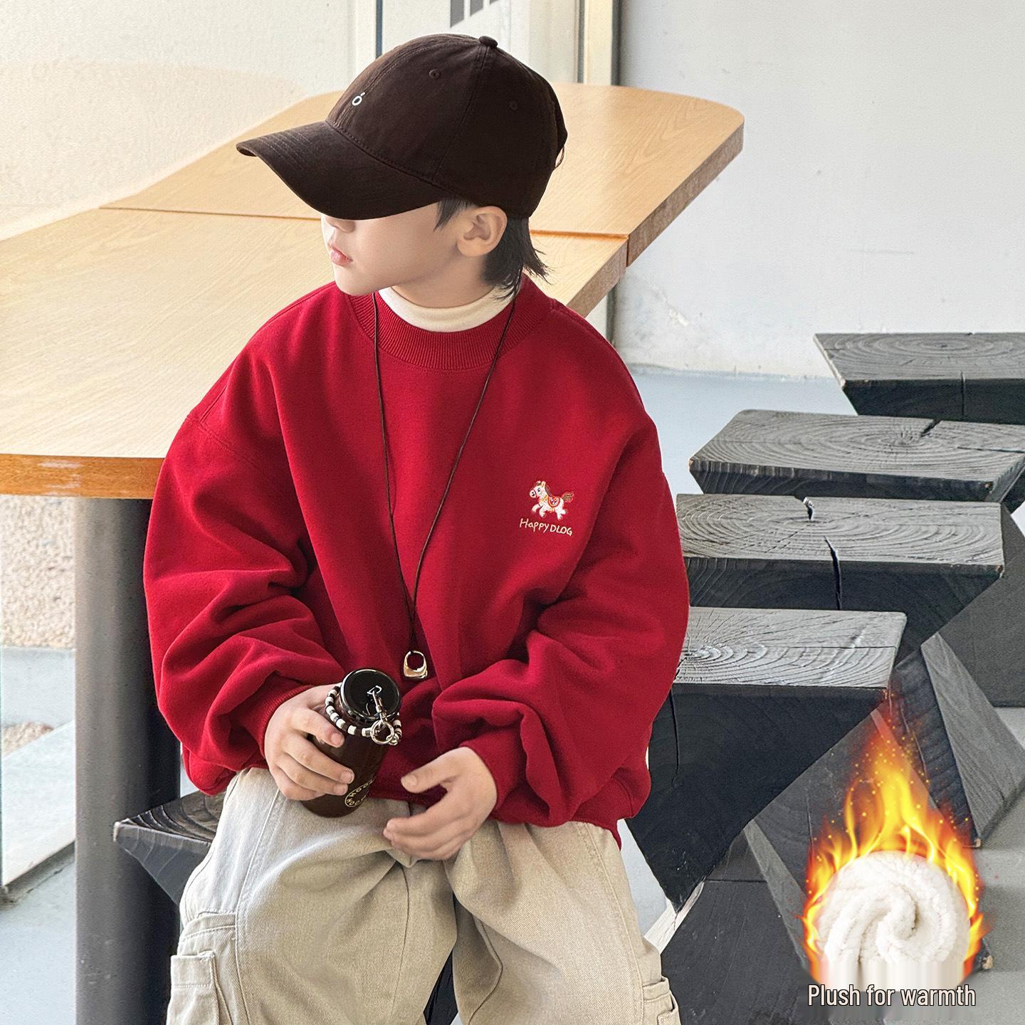 Мужская и женская толстовка с флисовой подкладкой 2025 года для детей старшего возраста - ОсеньЗима Красная цельная 140cm 2770₽