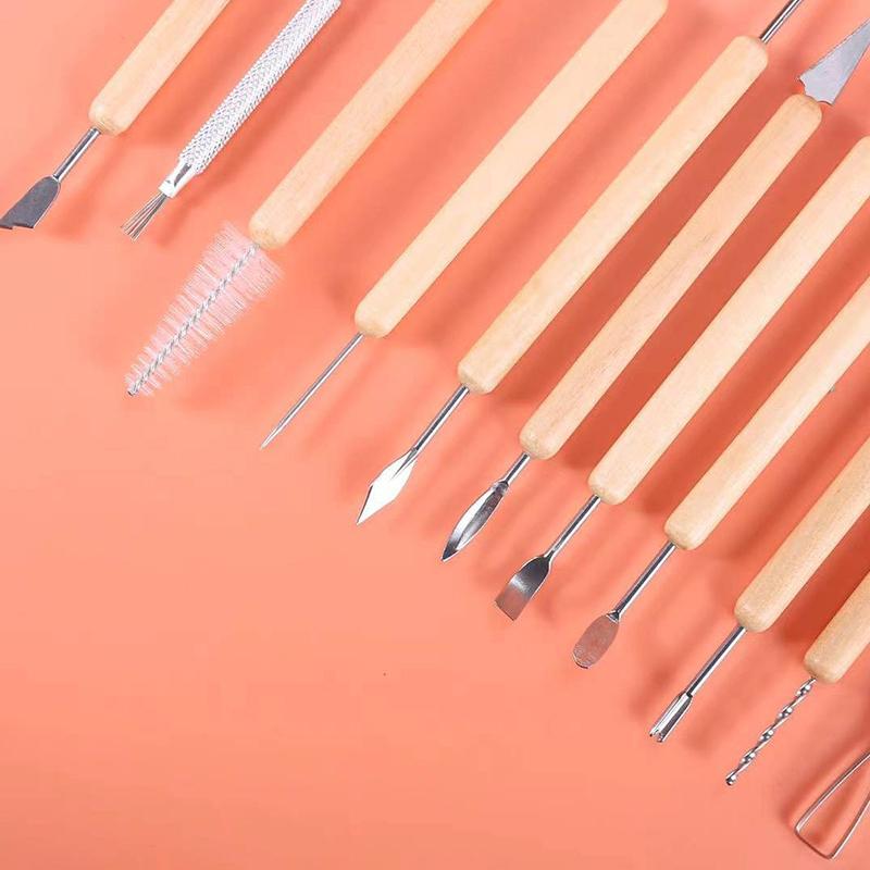 Set de instrumente de modelat pentru sculptură din argilă ceramică 11 buc, set de instrumente pentru sculptură din argilă polimerică ceramică cu două fețe, cu mâner neted din lemn
