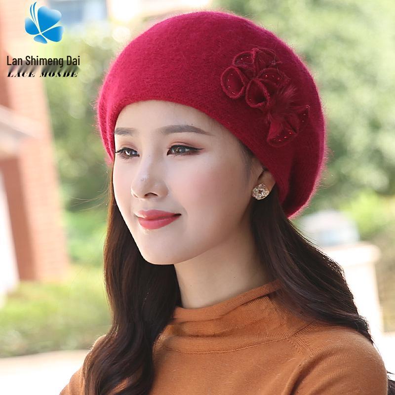 Women's Winter Fashion Knitted Wool Beret with Rabbit Fur - Cute Korean-Style Beanie