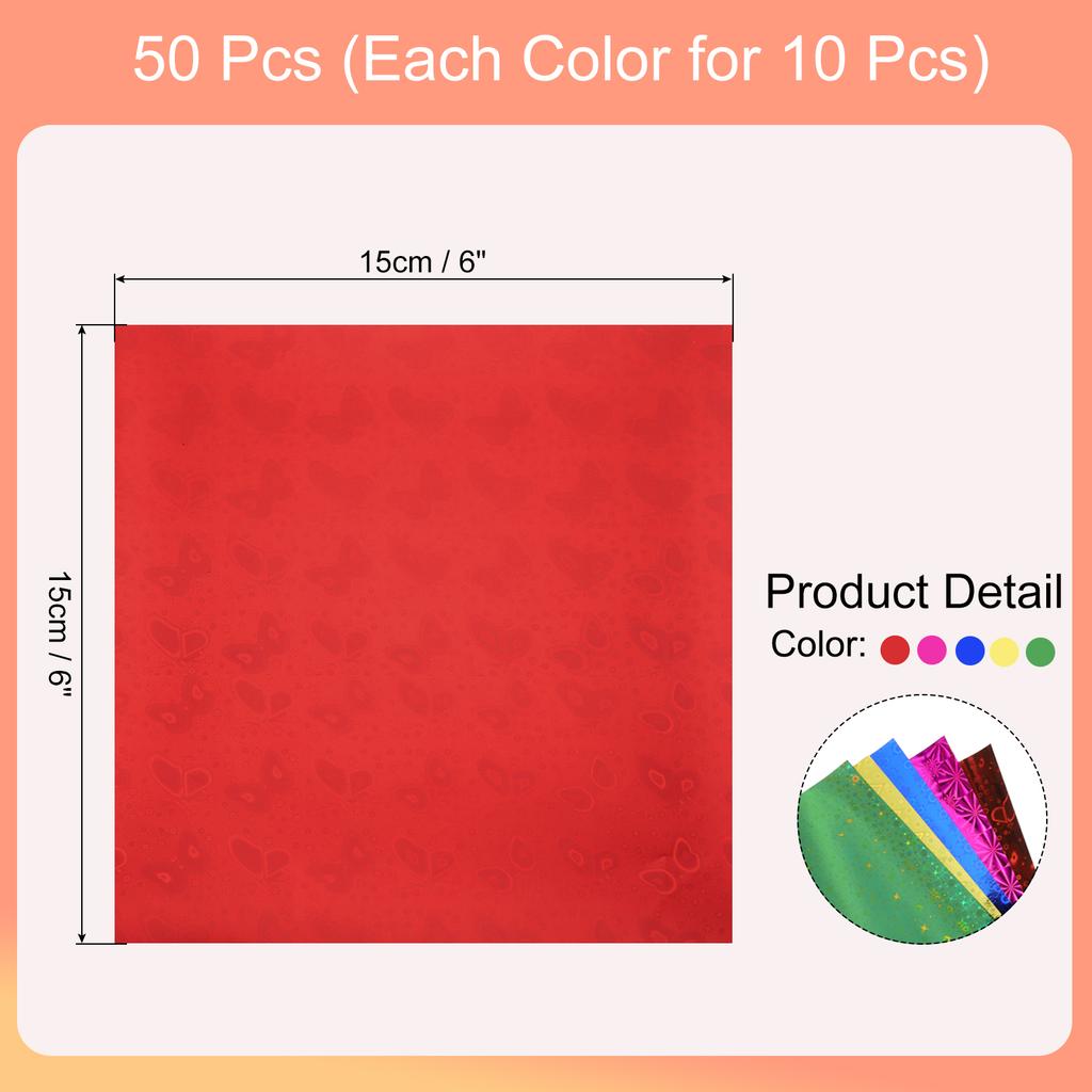 50 Sheets Glitter Origami Paper Metallic Holographic Foil Laser Paper Shiny Square Folding Paper for DIY Gold Green Red Blue
