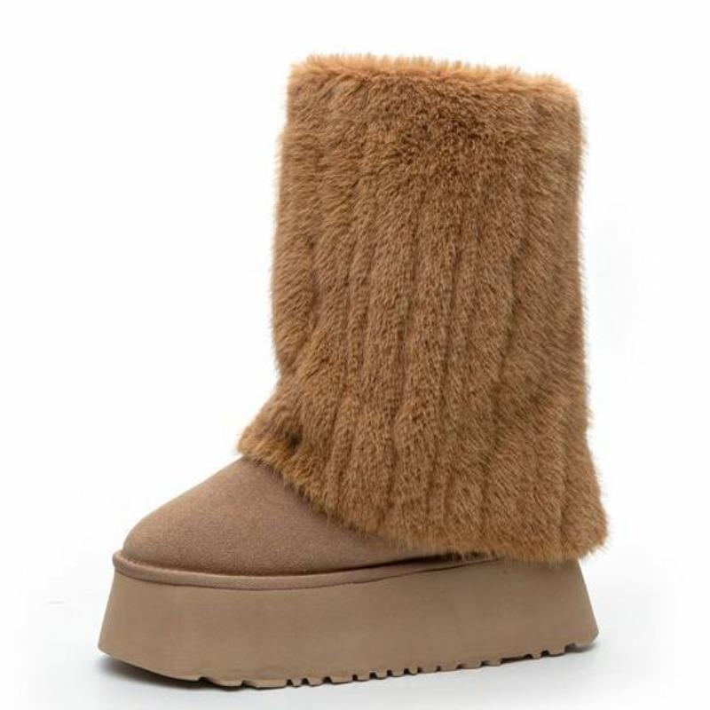 Fashion 11CM Cow Leather Flat Autumn Women Motorcycle Mid-calf Booties Platform Fashion Winter Warm Plush Turned-over Edge Snow Boots