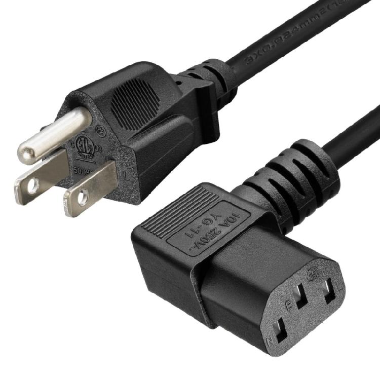 Spare Power Cord for Compatible Consumer Electronics, with a 3-Prong Male End and Left-Angle Three-Slot Female End for Near-Wall Cable Routing