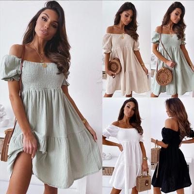 Sexy Dresses Women Summer Pleated Puffy Sleeve Backless Party Beach Dresses Women Elegant Solid Colour Knee Length Dresses