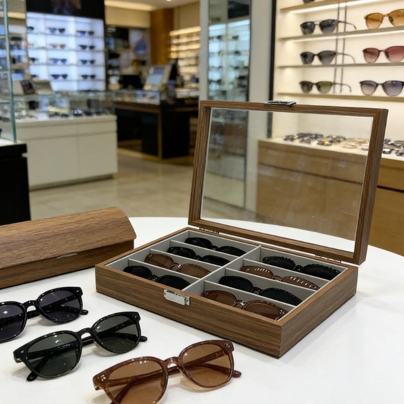 Elegant Wood Sunglasses Organizers With 8 Compartments Clear Cover And Soft Felt Interior For Protective