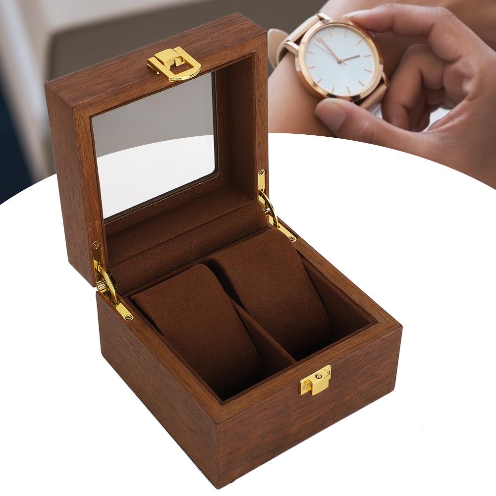 Wooden Watch Case 2 Slot Clamshell Watch Storage Box Organizer Black Walnut Color