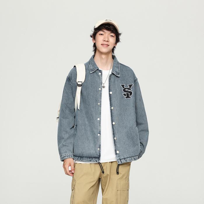 

Весенняя качественная уличная американская куртка High End с вышитыми буквами и винтажной джинсовой курткой для мужчин 4XL синий