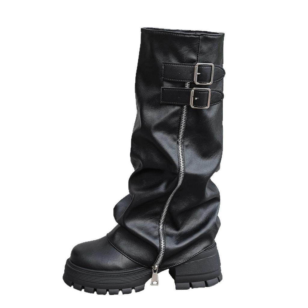 Thick-bottomed pleated belt buckle trouser boots winter round head large size British style tall knight boots women